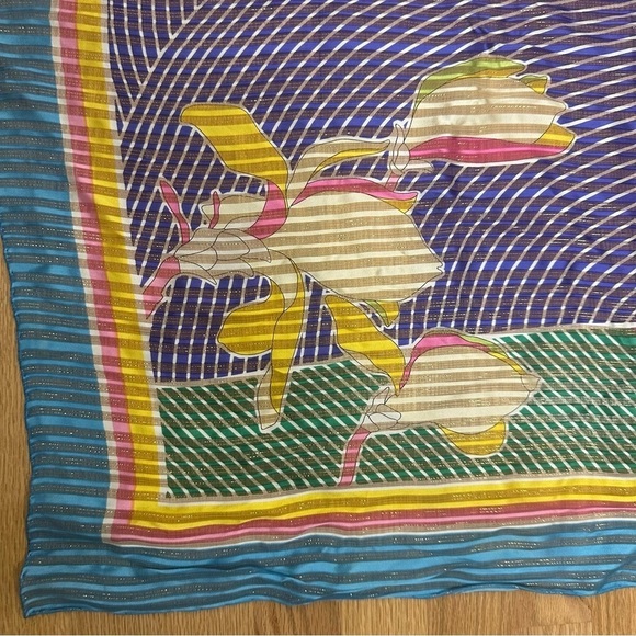 Leehaus Olympic Silk Scarf Blue Pink Yellow Metallic Floral - Picture 2 of 5